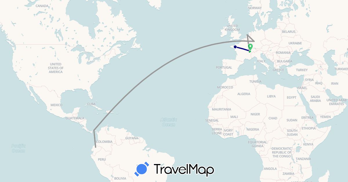 TravelMap itinerary: driving, bus, plane in Switzerland, Germany, Ecuador, France, Netherlands, Panama (Europe, North America, South America)